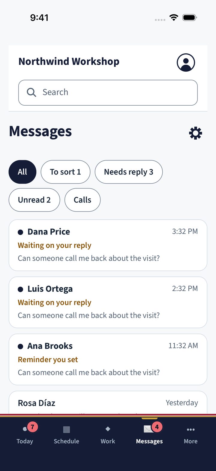Guildaire's Messages on iPhone for a sample company: customer texts waiting on a reply